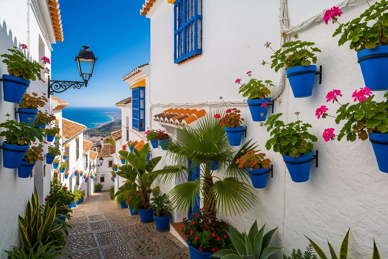 Hvite hus og blå blomsterpotter i Mijas Pueblo